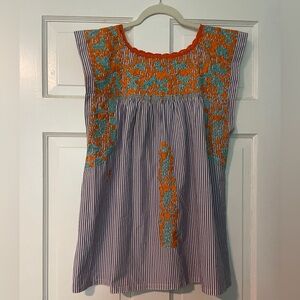 Mi Golondrina Striped Blouse with Orange Embroidery
